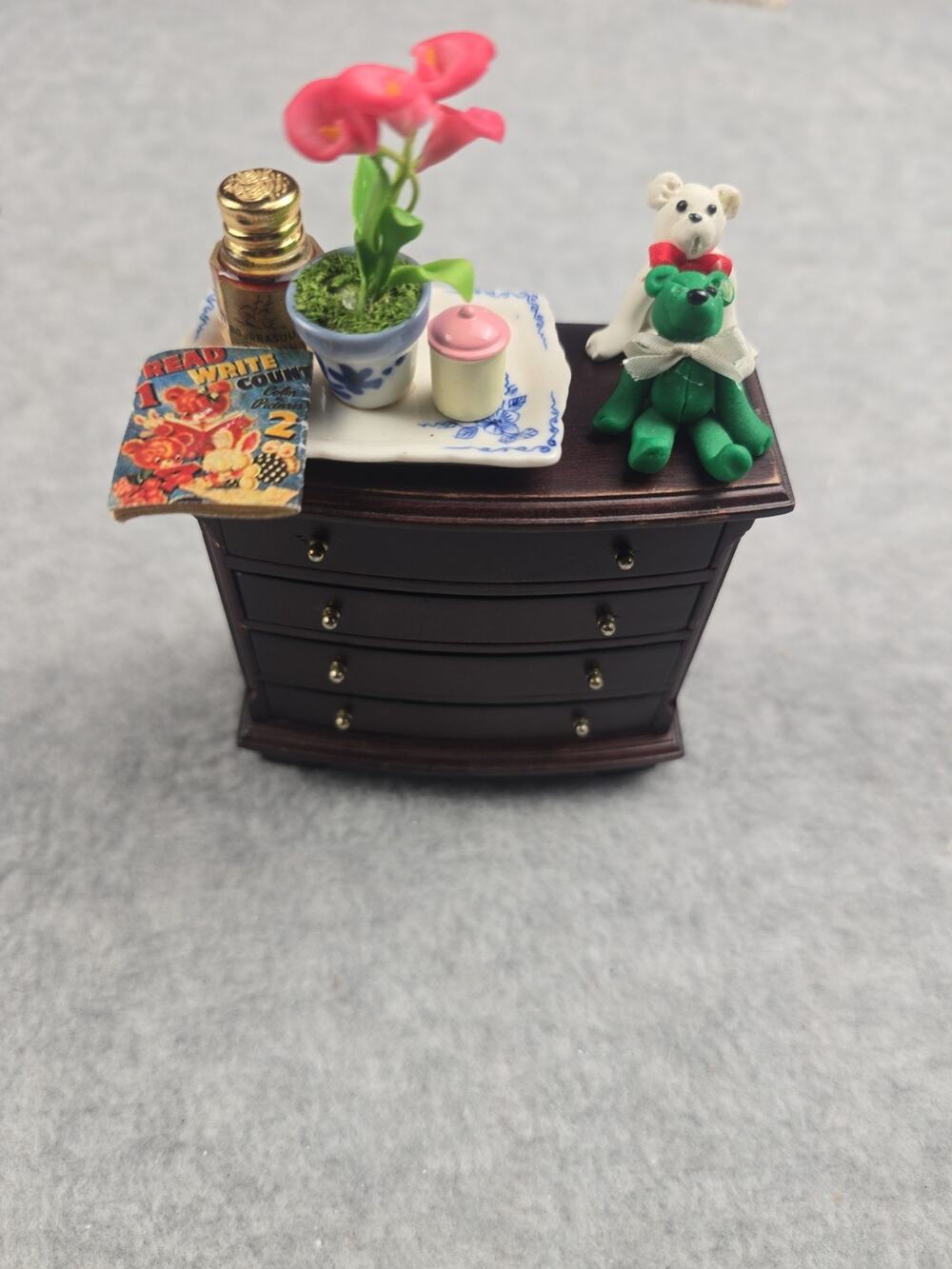 Vintage Dollhouse Miniature Wooden Dresser Cabinet Chest w Accessories Lute Bear